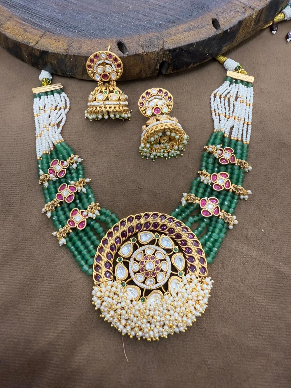 Rajwadi style kundan  necklace in multicolour with golden jhumkis for wedding, function and grand celebration