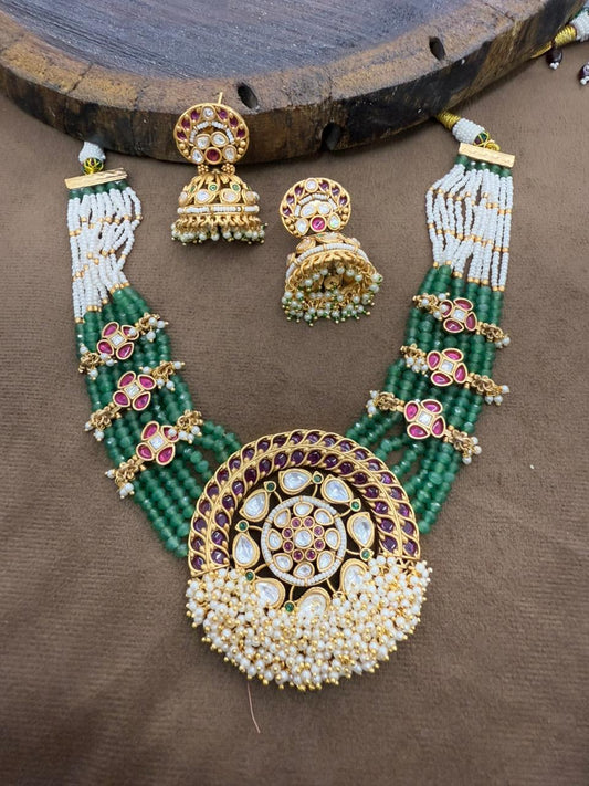 Rajwadi style kundan  necklace in multicolour with golden jhumkis for wedding, function and grand celebration