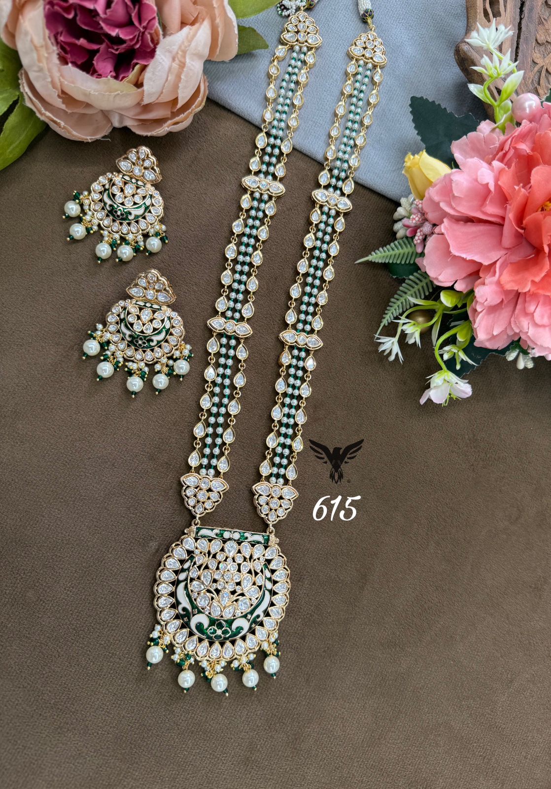 Long pearl with beaded mossanite necklace  with chandbali earrings  for women