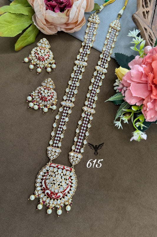 Long pearl with beaded mossanite necklace  with chandbali earrings in red  for women