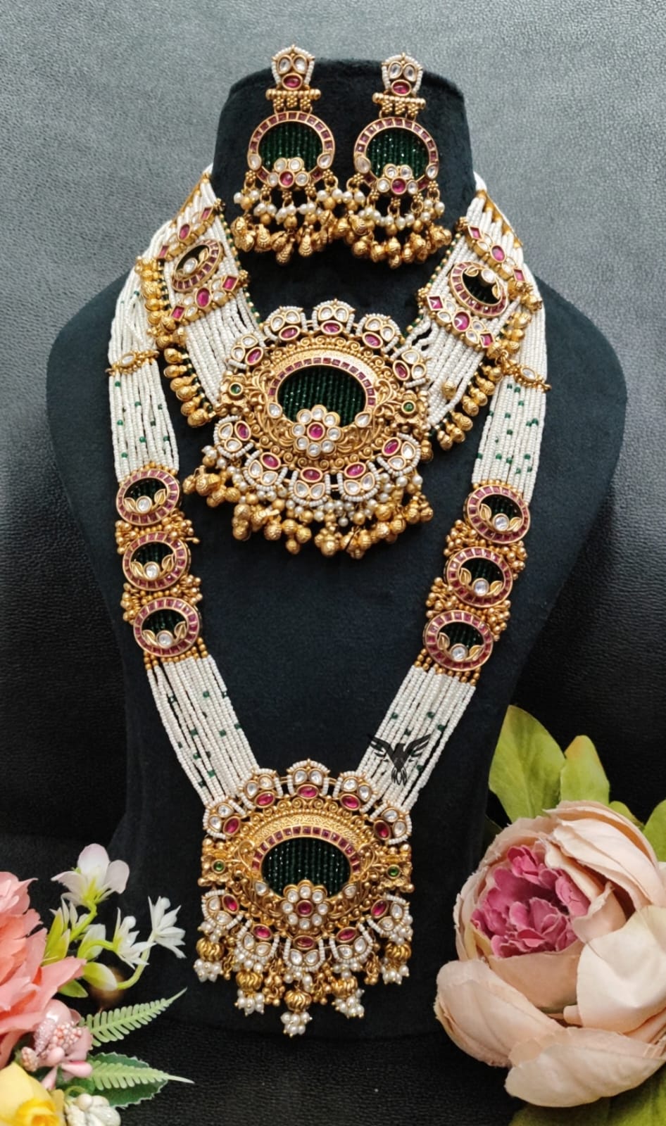 Rajwadi bridal set in gold pearl mala long and short necklace with earrings