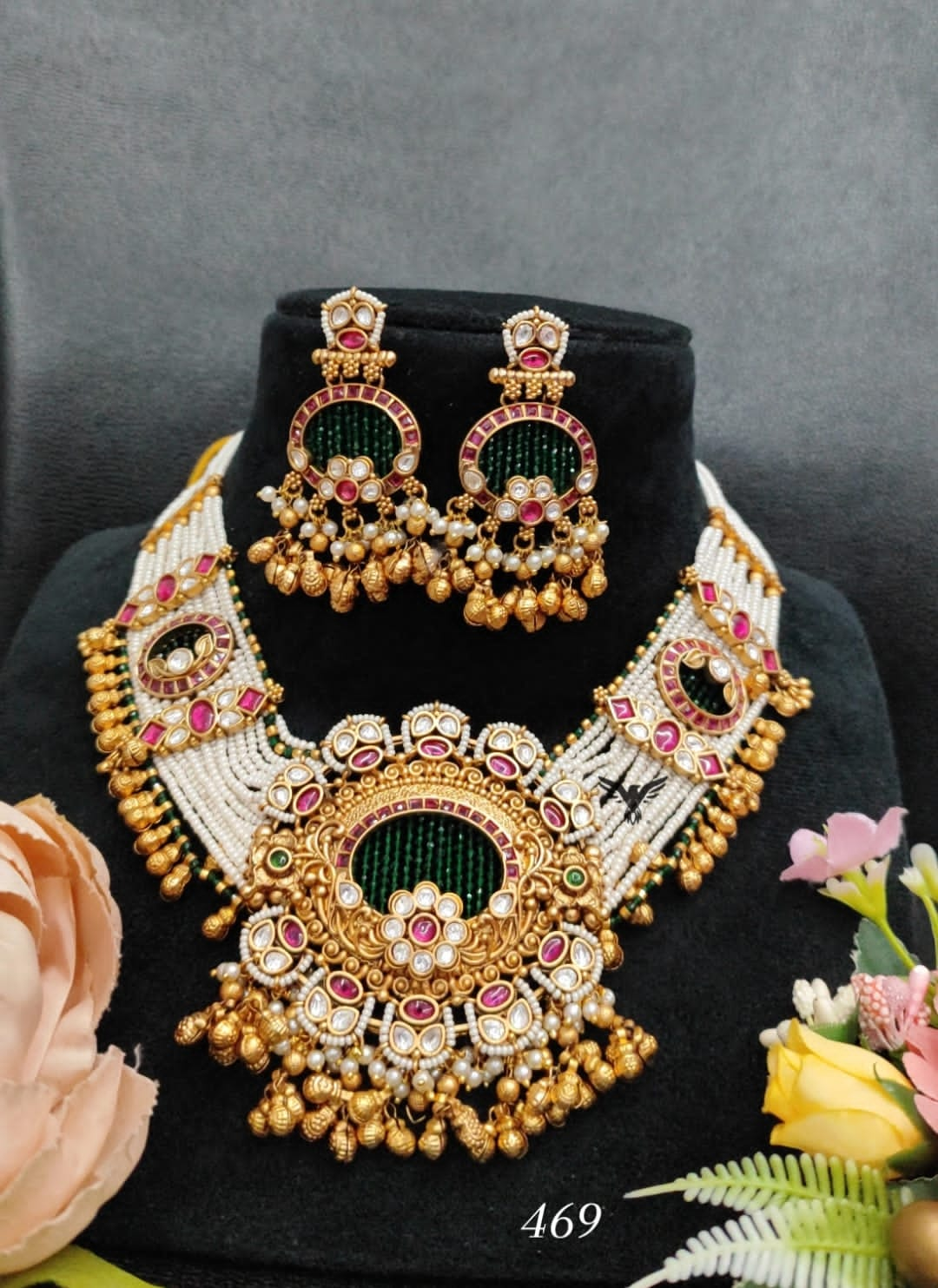 Rajwadi bridal set in gold pearl mala long and short necklace with earrings