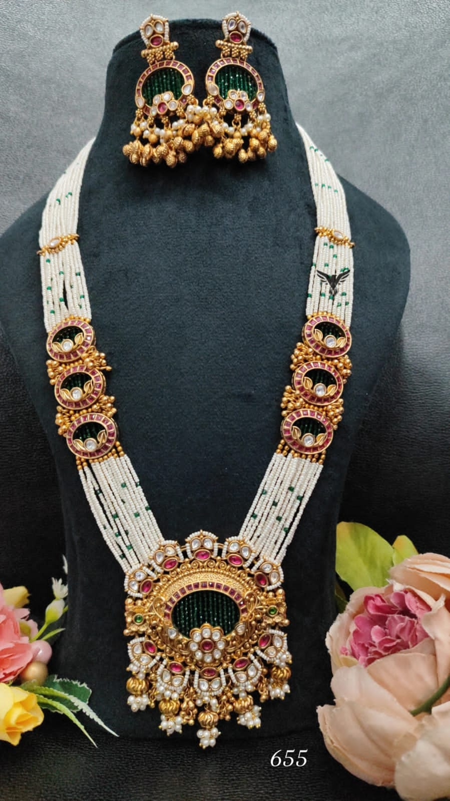 Rajwadi bridal set in gold pearl mala long and short necklace with earrings