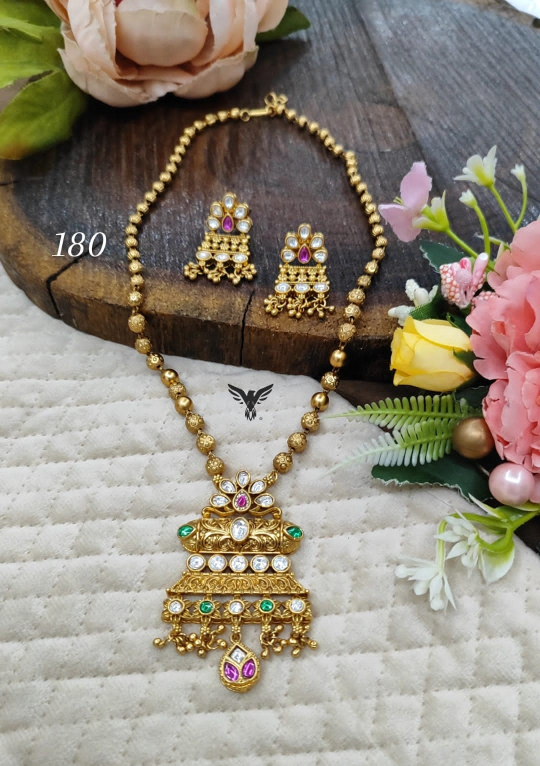 Rajwadi pendent set in gold matar mala chain with earrings