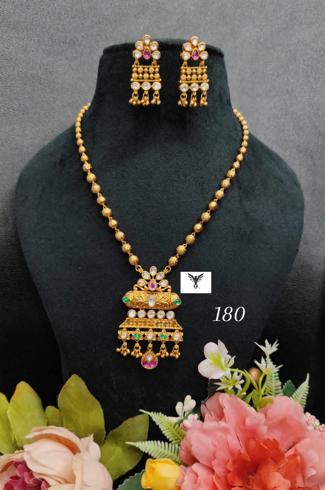 Rajwadi pendent set in gold matar mala chain with earrings