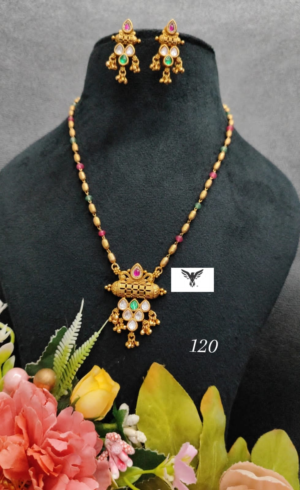 Rajwadi pendent set in gold matar mala chain with earrings