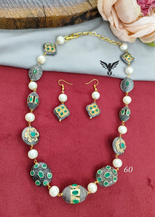Jaipuri mala in Green Tanjore beads and pearls