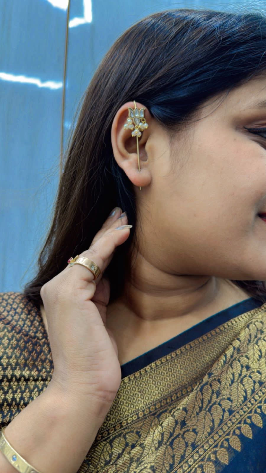 Raahi lotus bugadi earrcuffs in pachi kundan stones