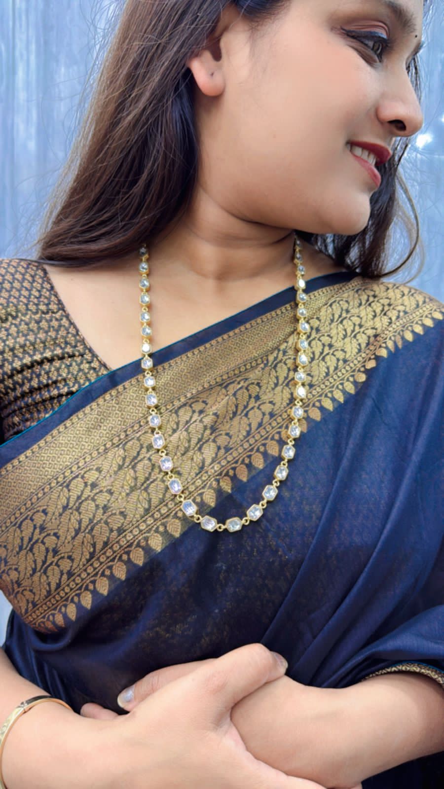 Zeenat mosanite kundan single line uncut necklace in gold polish