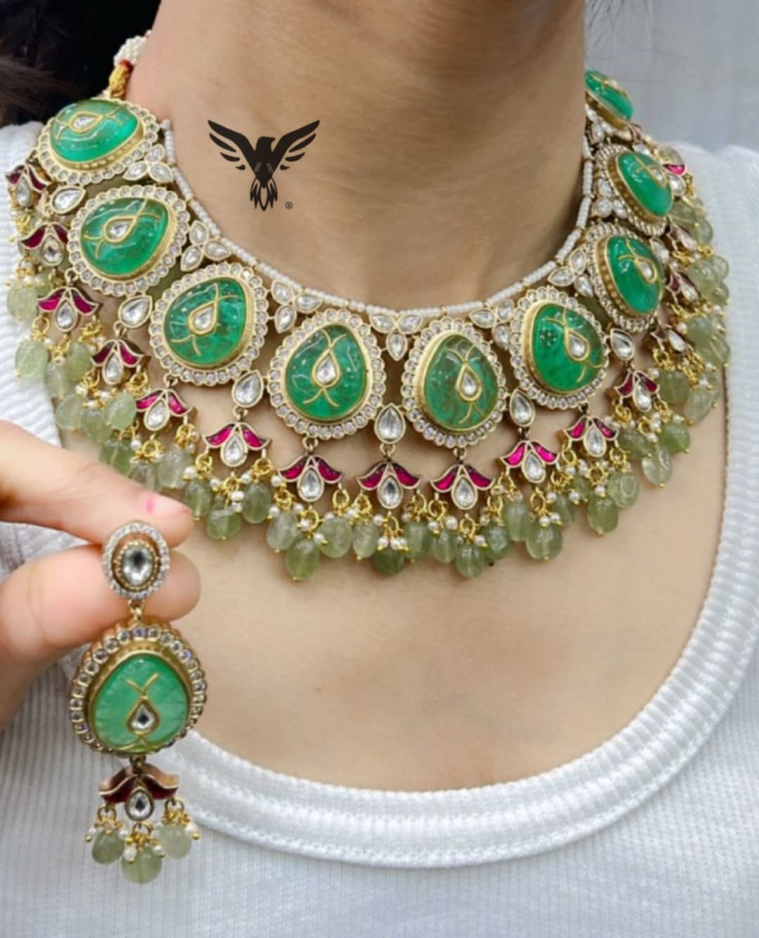 Mint choker with carved stones necklace  with earrings  for women