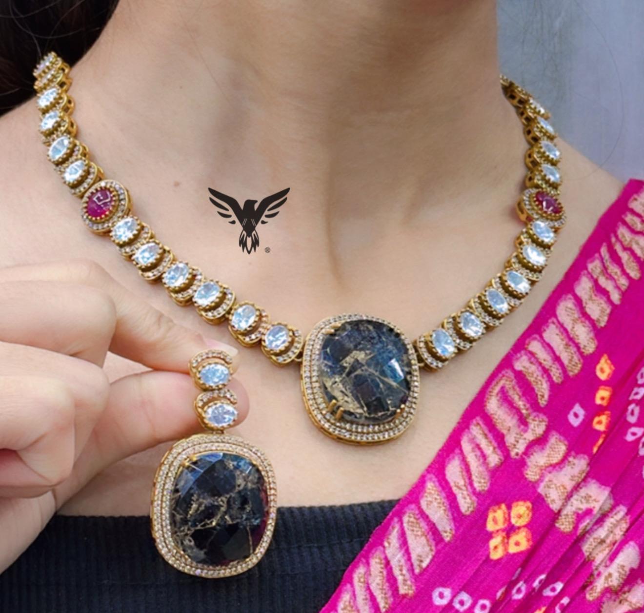 Harshita mosanite with Marble doublet stone  necklace  in Green For women