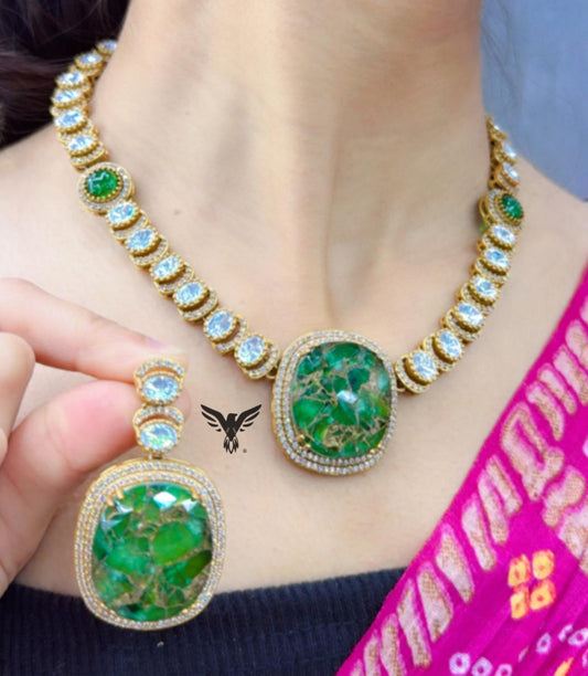Harshita mosanite with Marble doublet stone  necklace  in Green For women