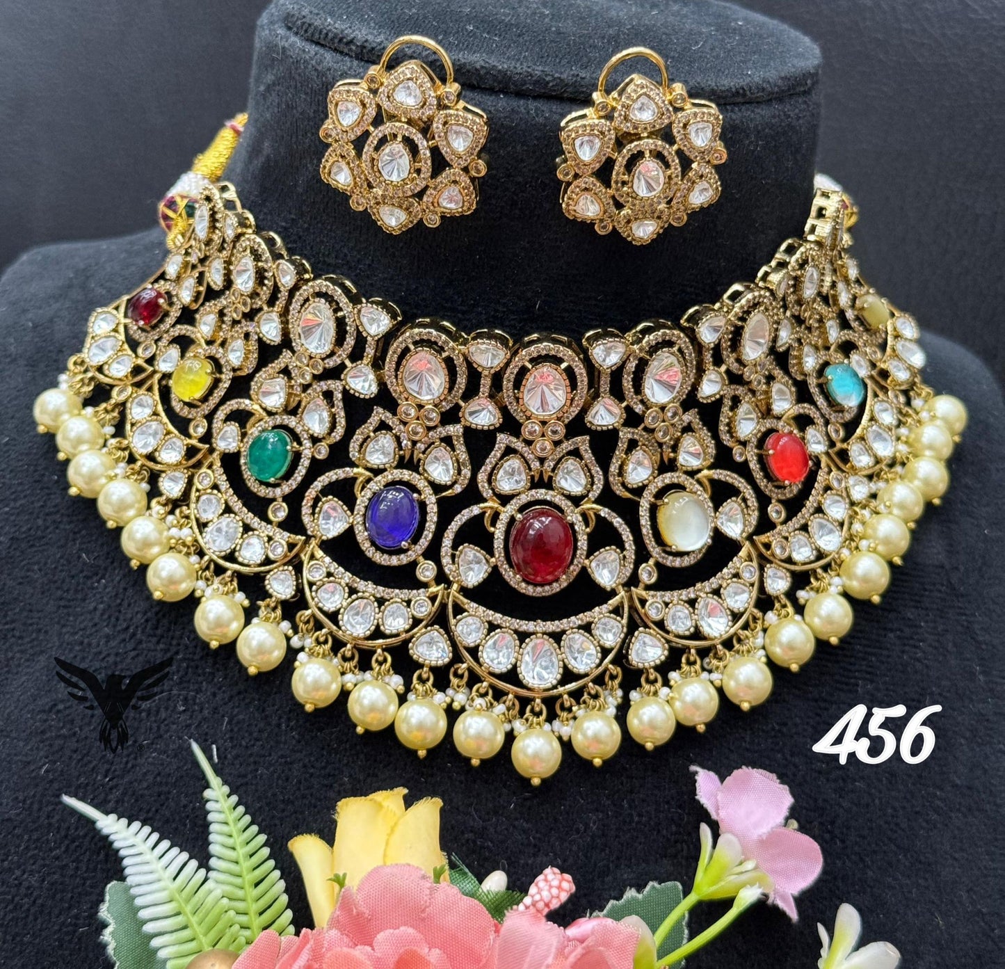 Karishma kapoor inspired choker necklace in pearls and semi precious beads for women with earrings