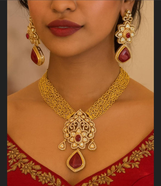 Mosanite ruby necklace in multi gold chain inspired from amrapali designs for women