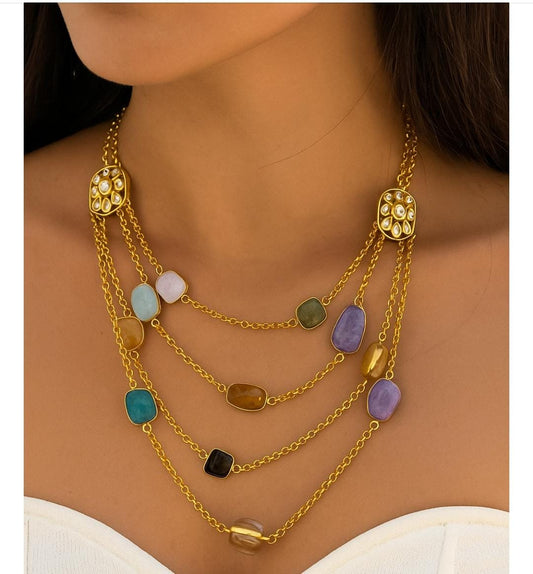 Golden polish triple layered colourful stones necklace  for women