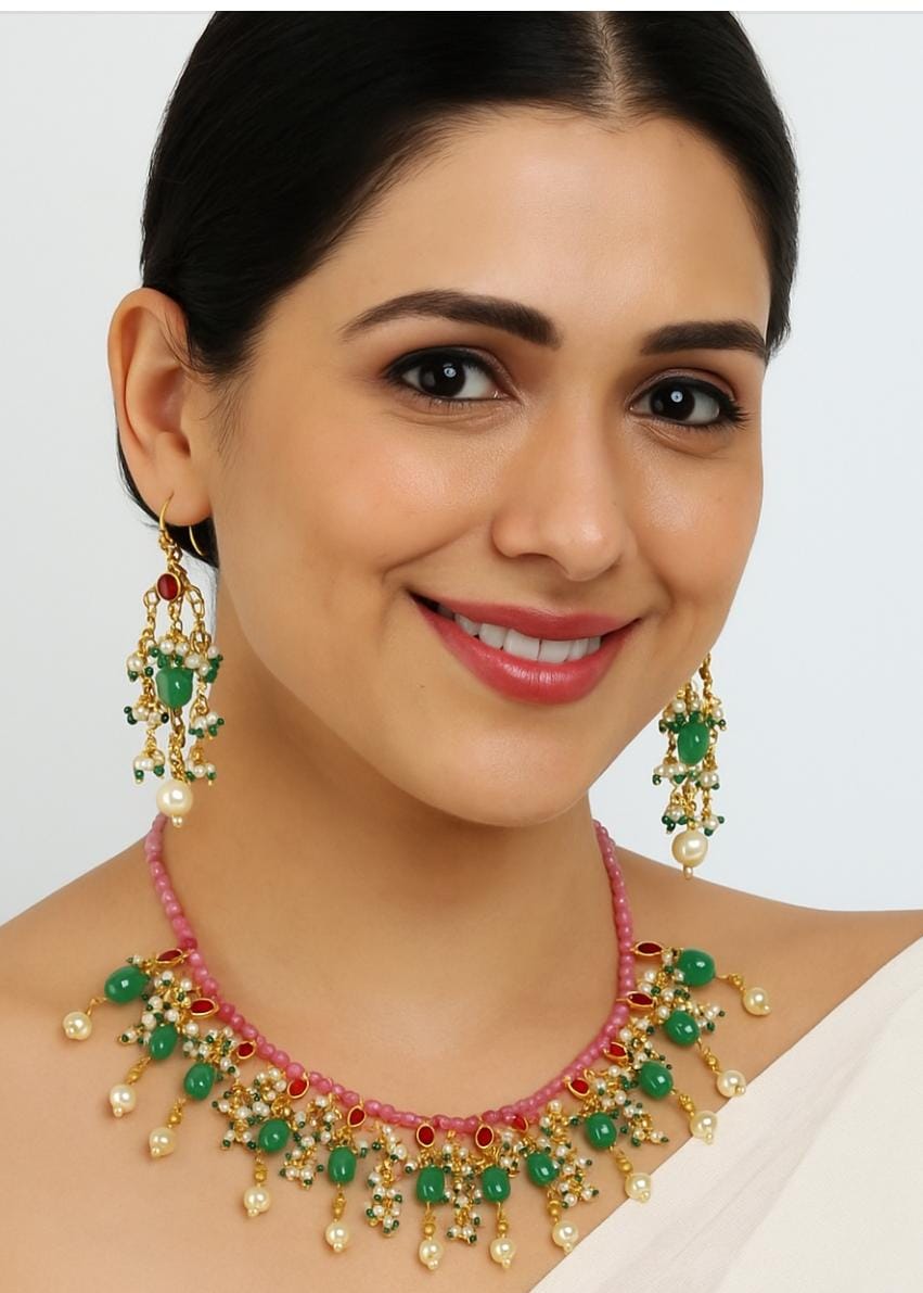 Vaani Paachi  necklace with Earrings In Ruby with mint beads For Women