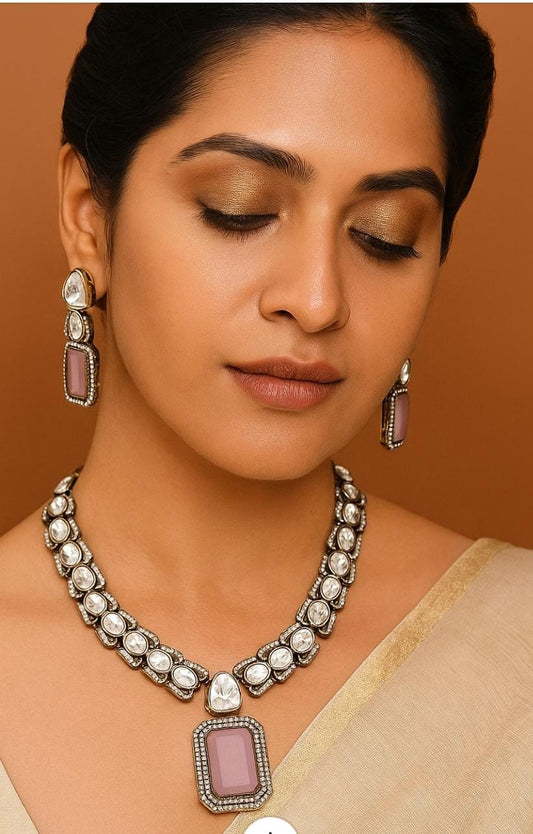 Zainab kundan necklace with earrings in pink for women