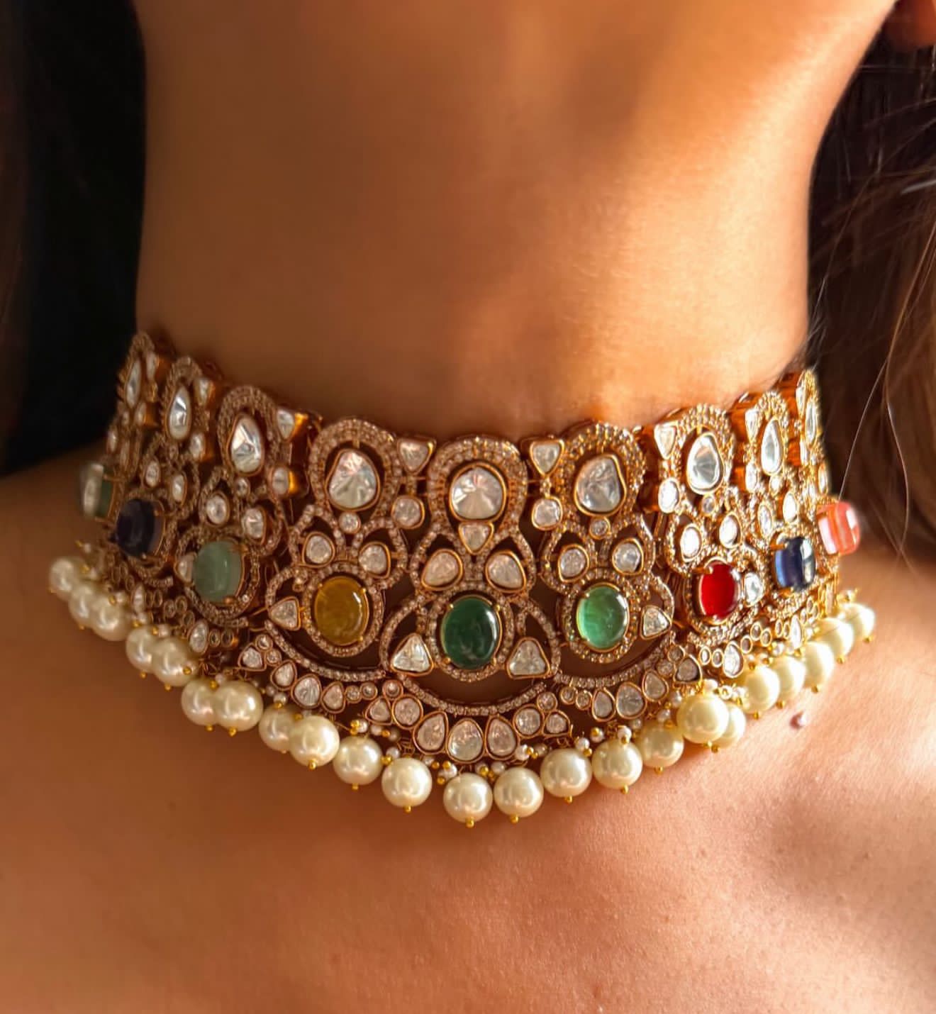 Karishma kapoor inspired choker necklace in pearls and semi precious beads for women with earrings