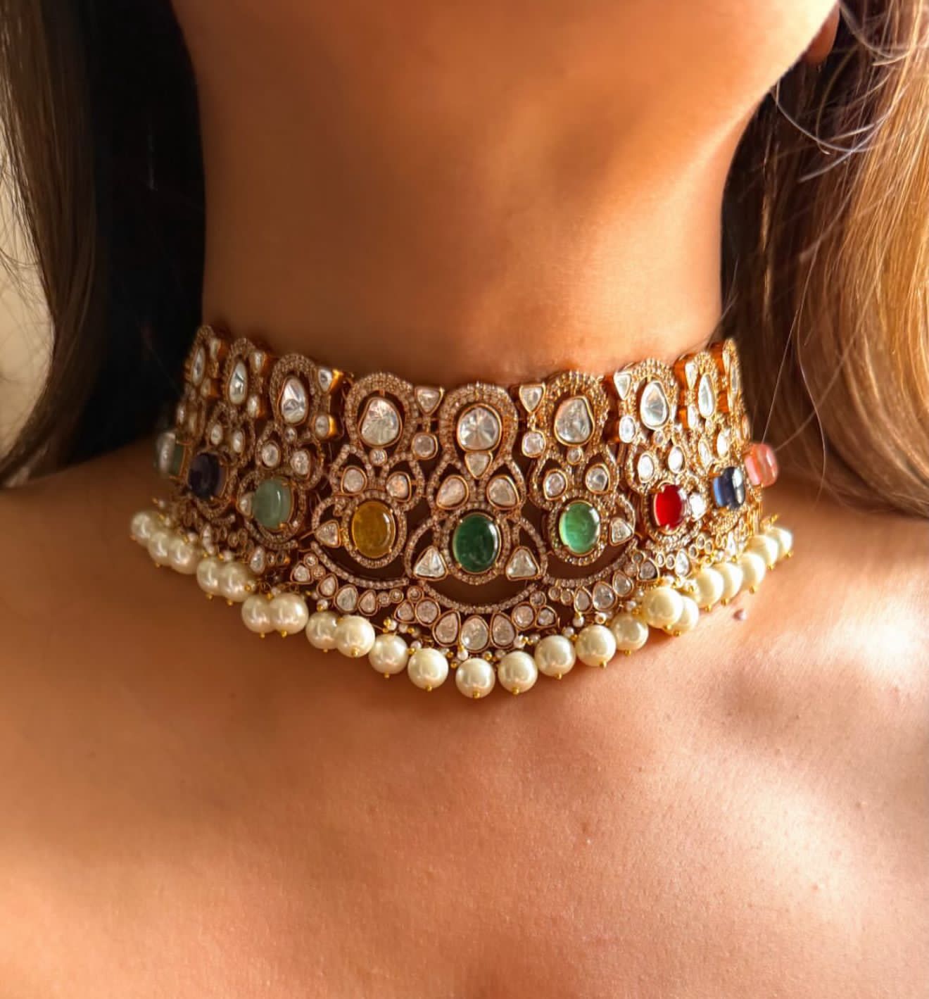 Karishma kapoor inspired choker necklace in pearls and semi precious beads for women with earrings