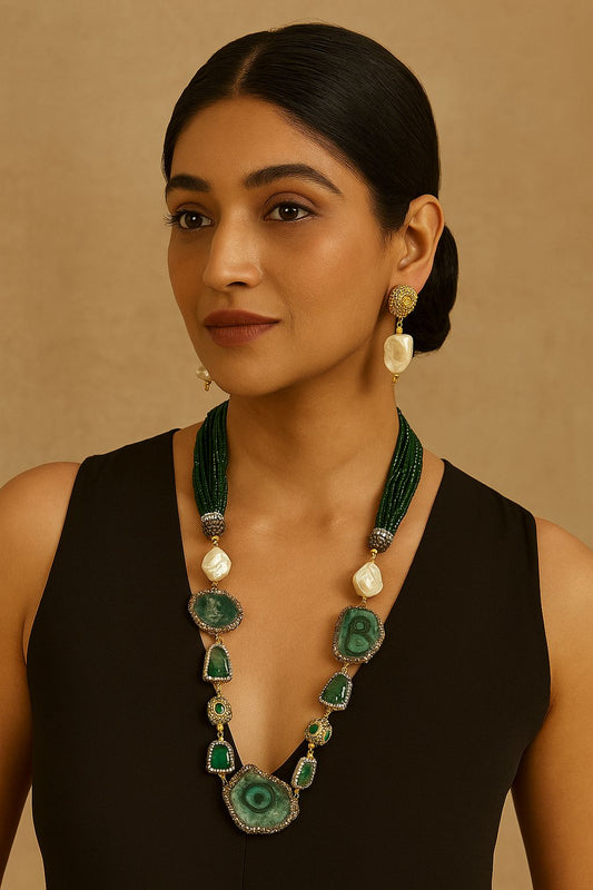 Natural stones with pearls mala in Green for women