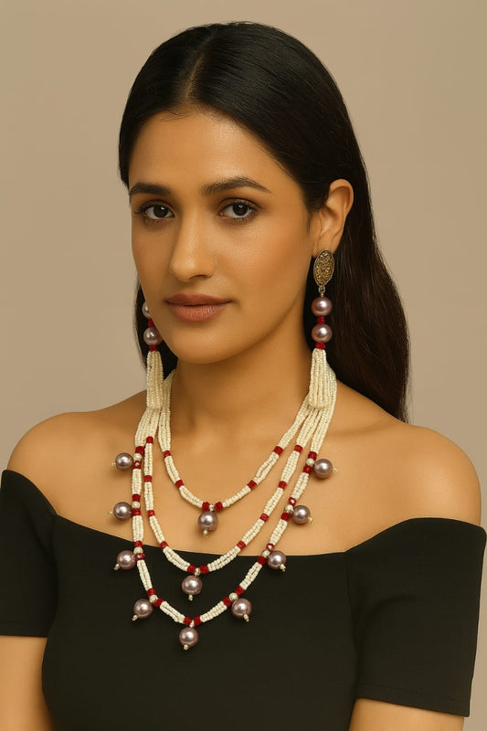 Three layered pearl mala with hanging Amethyst pearl for women