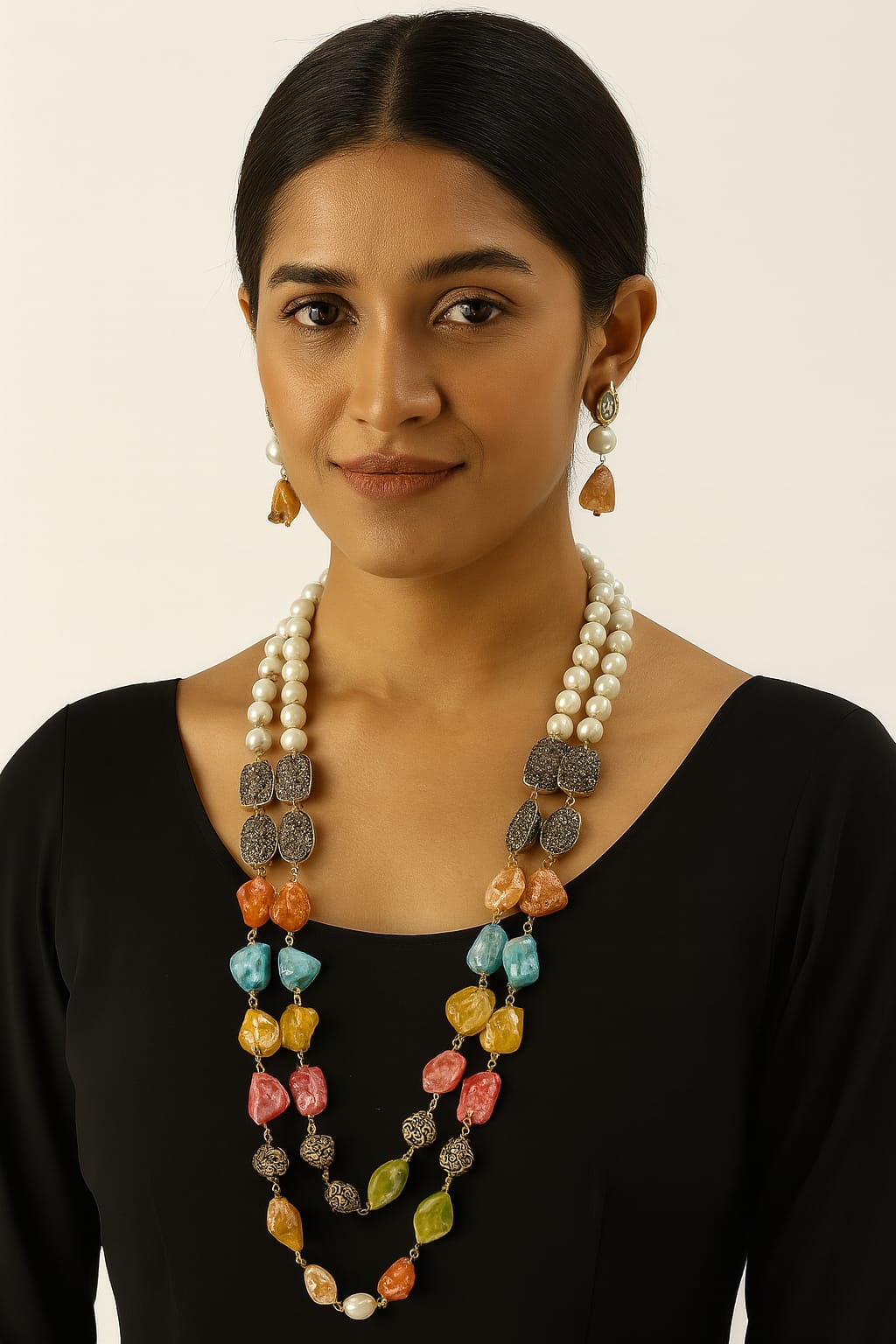 Pearls with duzy stones in multi double layered mala for women