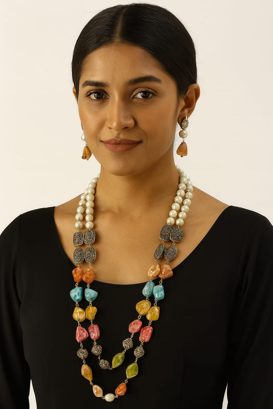 Pearls with duzy stones in multi double layered mala for women