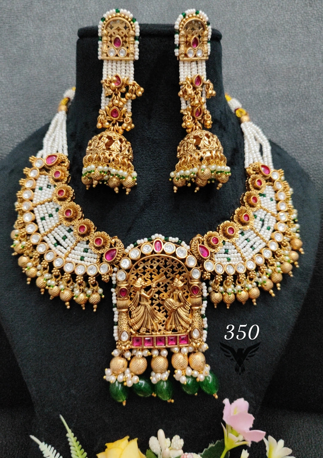 Shehnaai  Rajwadi style kundan  necklace in multicolour with golden jhumkis for wedding, function and grand celebration