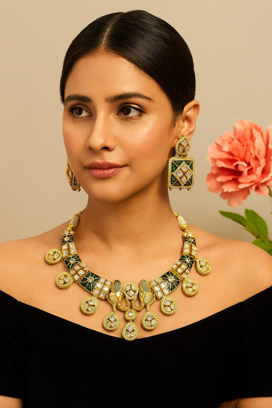 Sunheri Kundan Elephant Hasli in green for woman