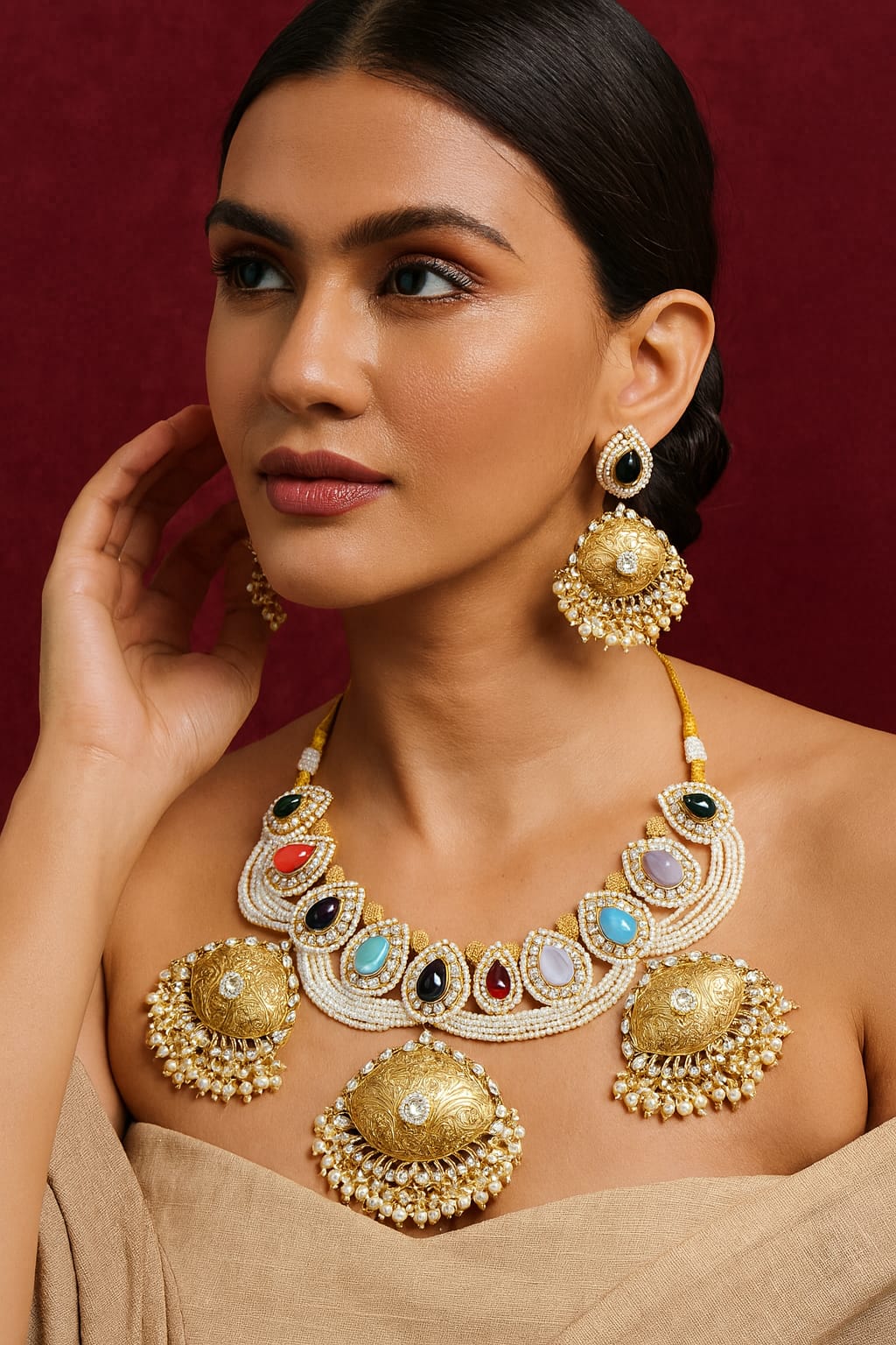 Silver Look Alike Carved Stone Necklace With Beading for woman