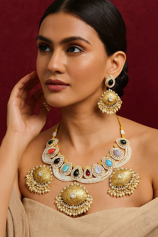 Silver Look Alike Carved Stone Necklace With Beading for woman