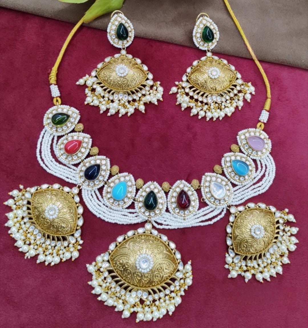 Silver Look Alike Carved Stone Necklace With Beading for woman