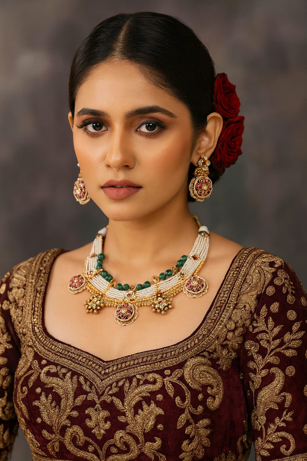 Rajwadi traditional style kundan Broad necklace beading in green for womens