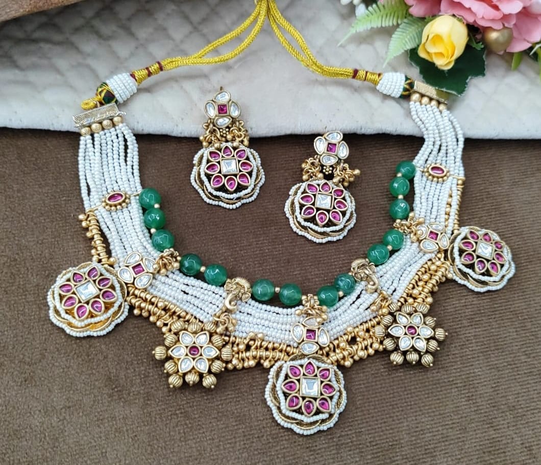 Rajwadi traditional style kundan Broad necklace beading in green for womens
