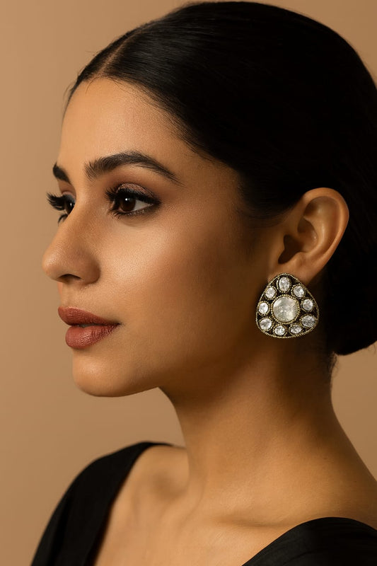 Triangular mossanite Kundan  Studs In White For Women