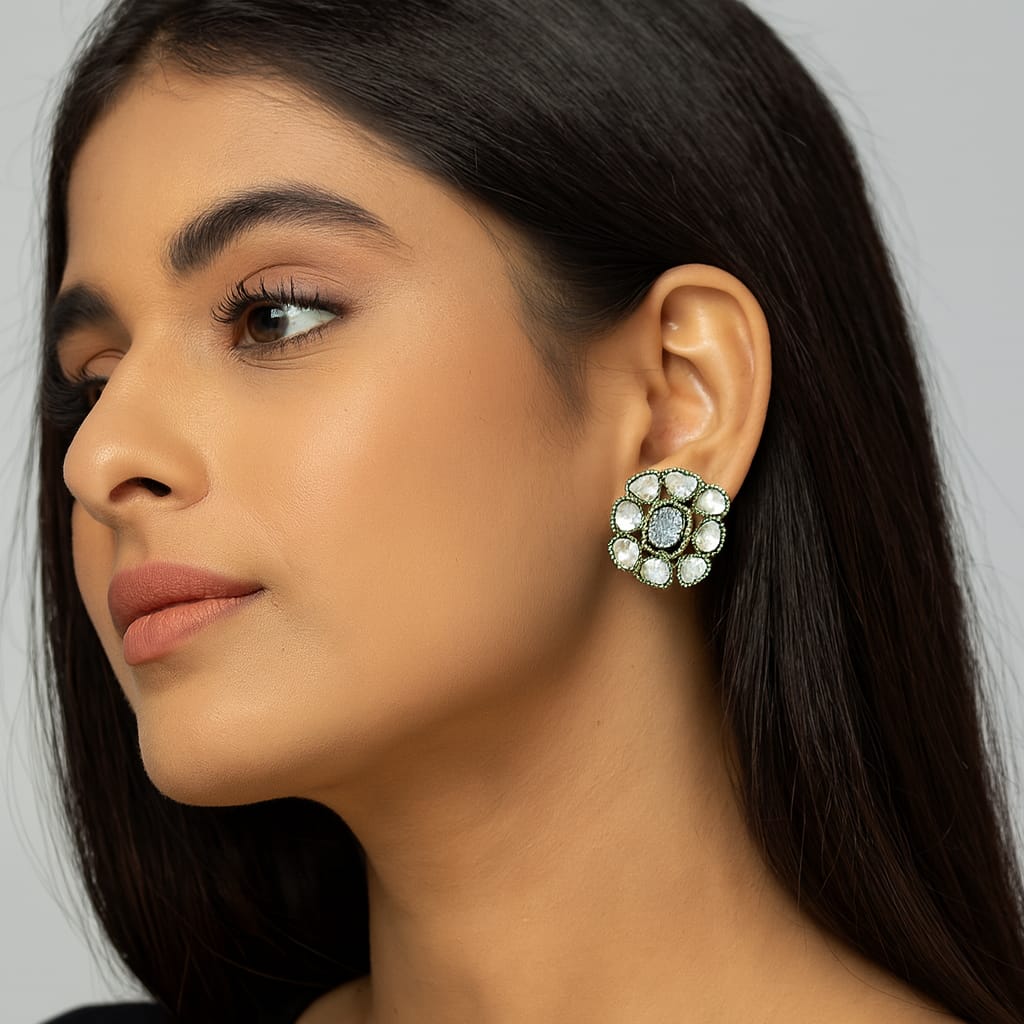 Square Mossanite Kundan Studs In White For Women