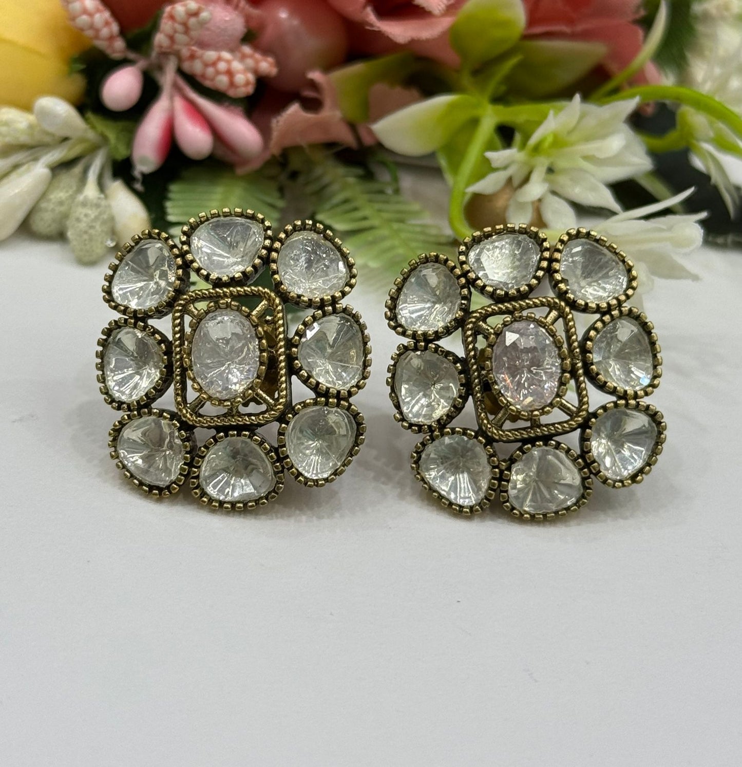 Square Mossanite Kundan Studs In White For Women