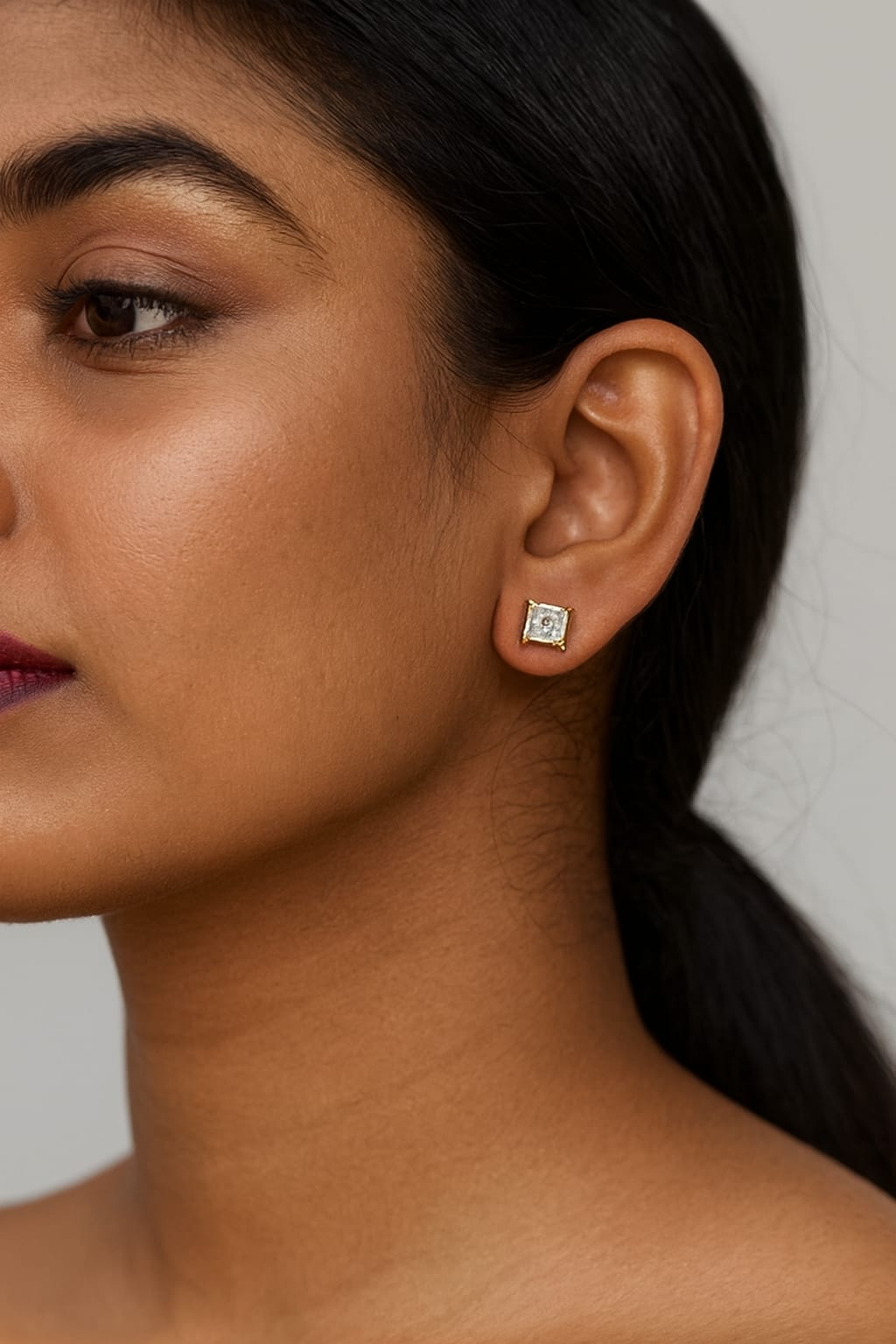 Square Solitaire Gold Studs In cz with screw For Women