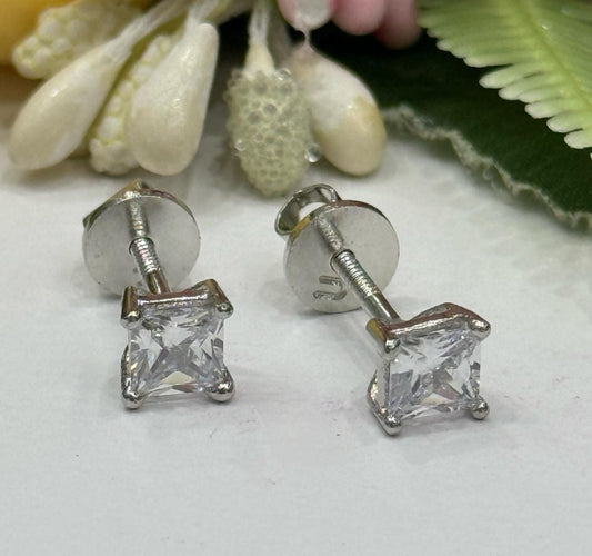 Square Solitaire silver Studs In cz with screw For Women