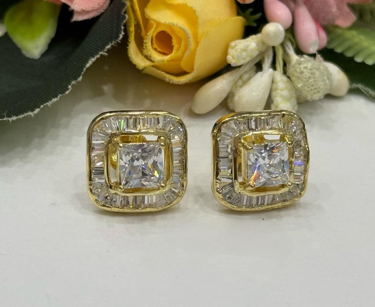 Square Solitaire Channel Settting Studs In cz with screw For Women