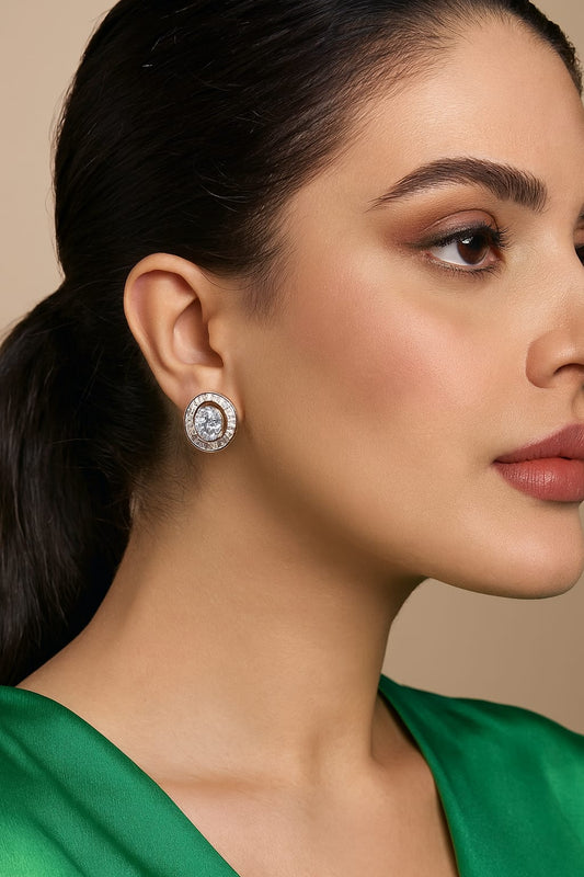 Oval  Solitaire Channel Settting Studs In cz with screw For Women