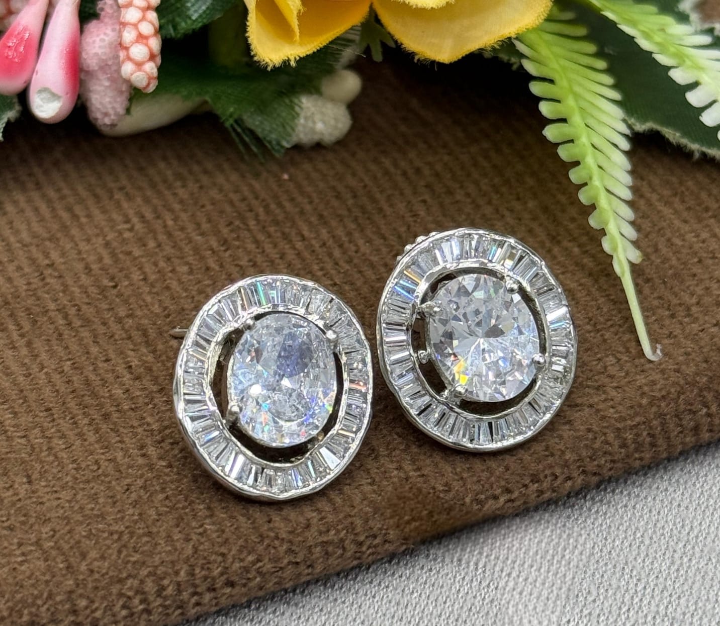 Oval  Solitaire Channel Settting Studs In cz with screw For Women