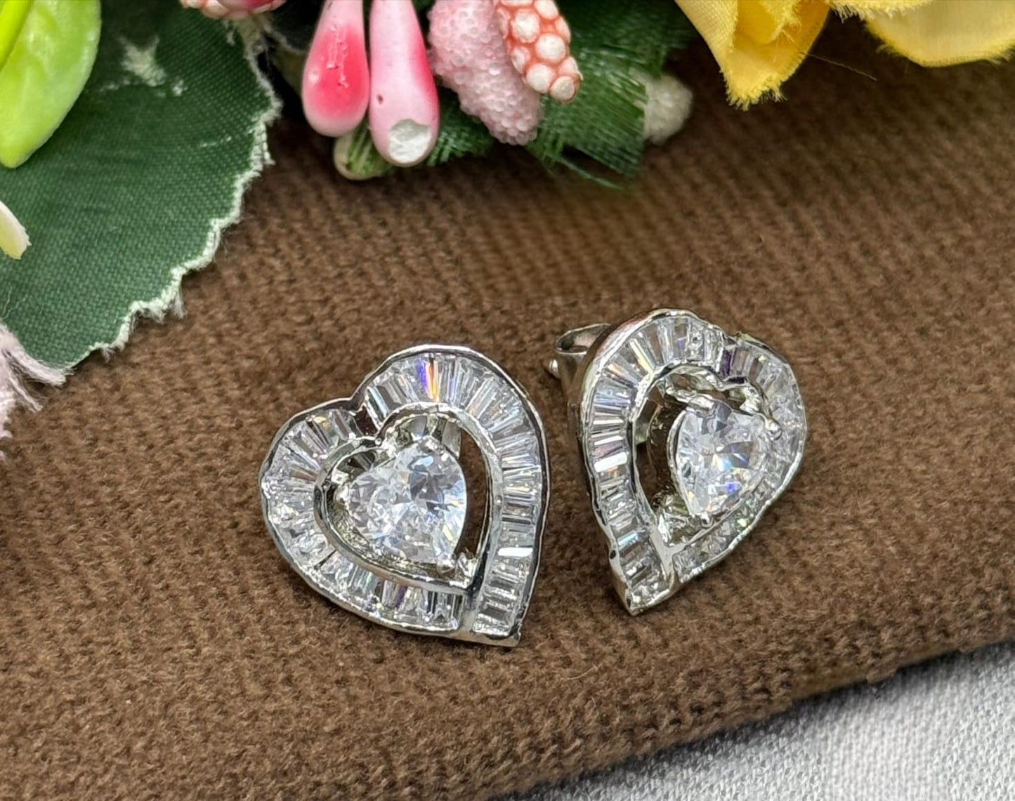 Heart Solitaire Channel Settting Studs In cz with screw For Women