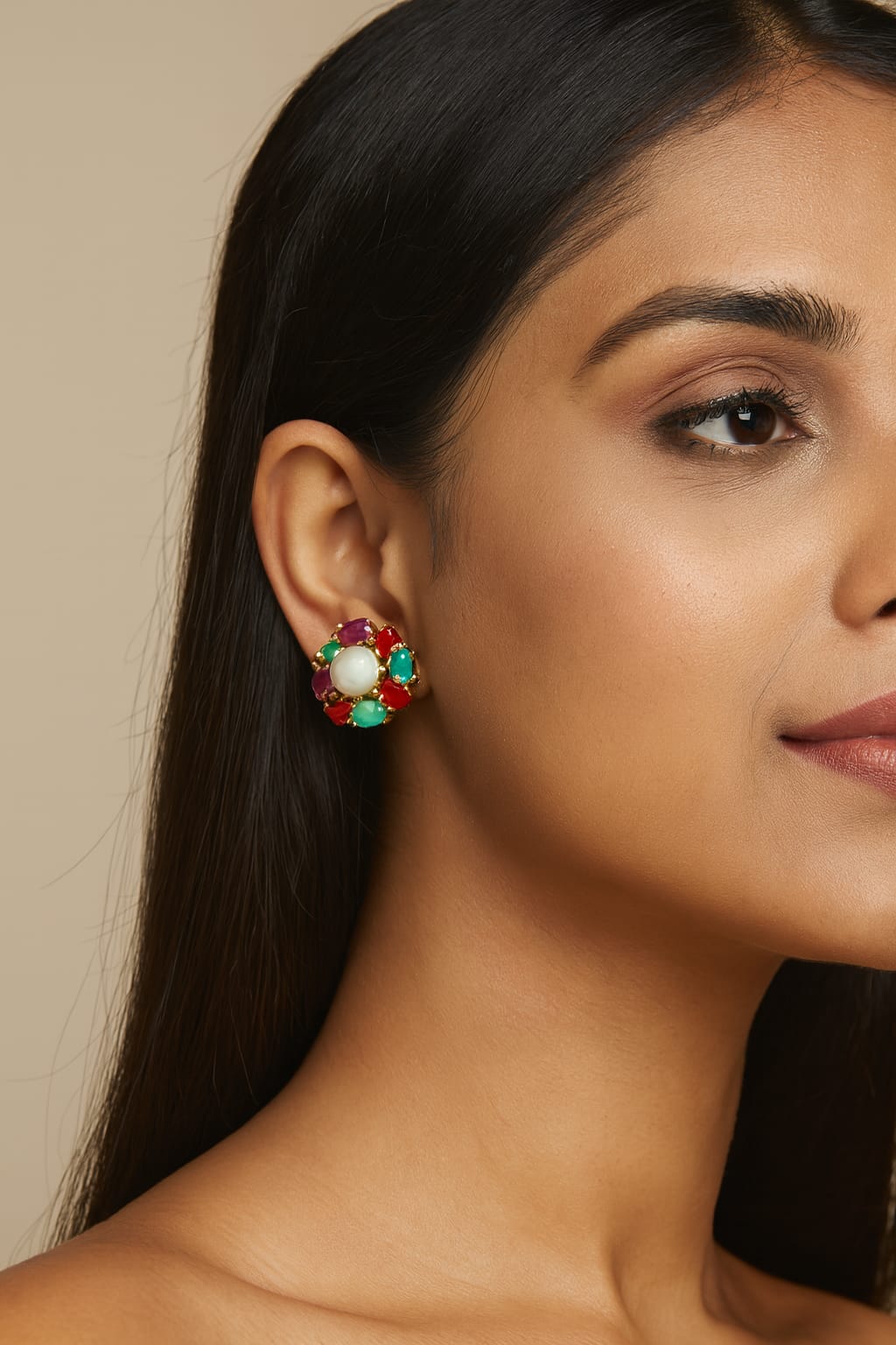 Floral Pearl Studs In cz in multi For Women