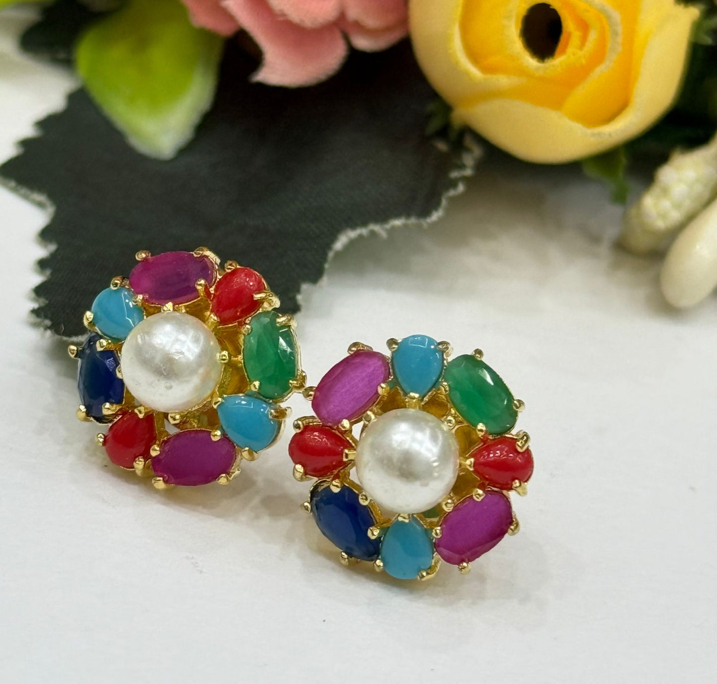 Floral Pearl Studs In cz in multi For Women
