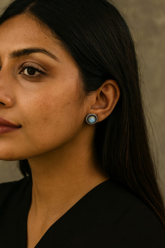 Cute Little long silver look alike studs in Blue and women