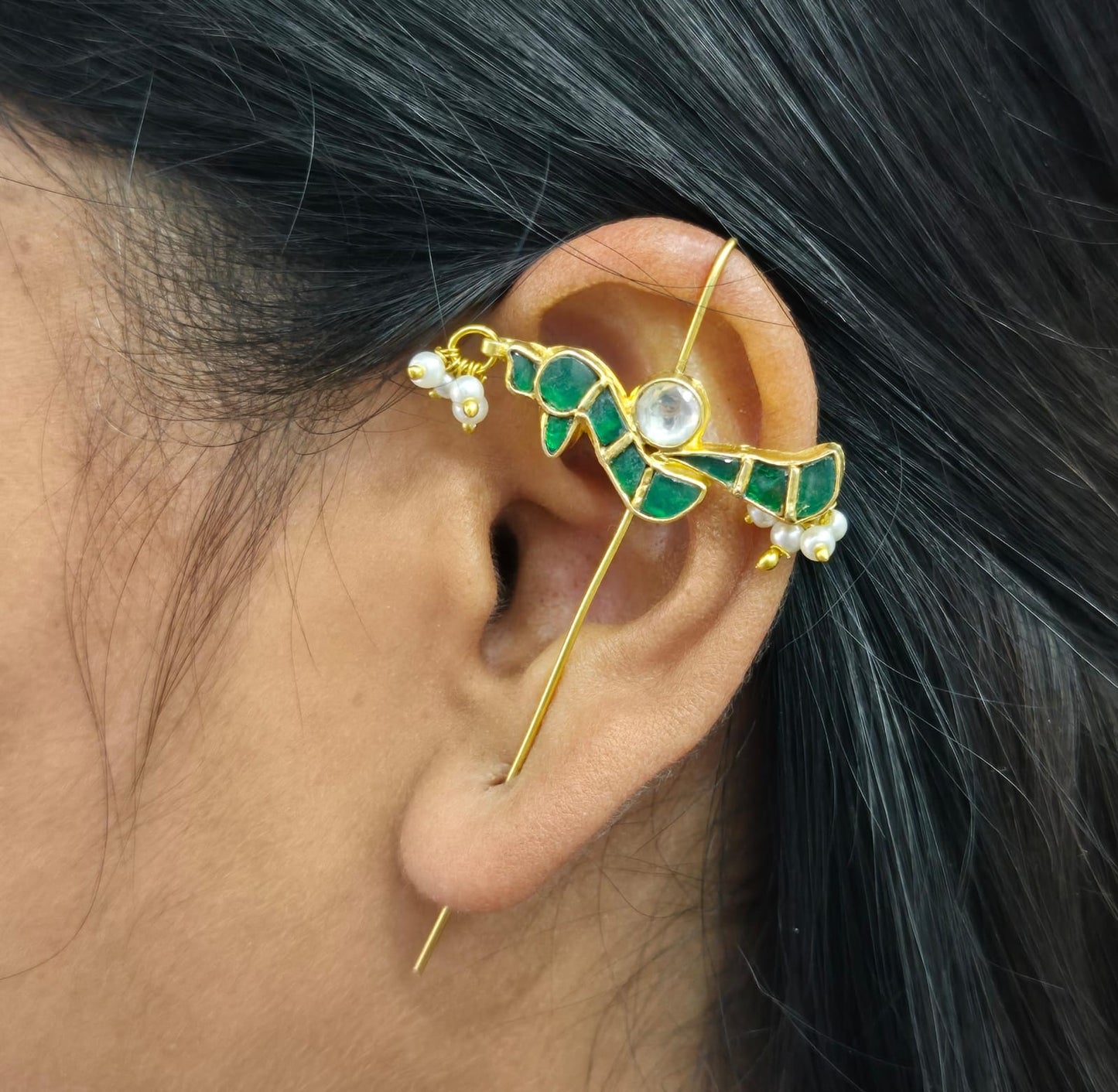 Bird designer earcuff in pachi kundan in Green for women