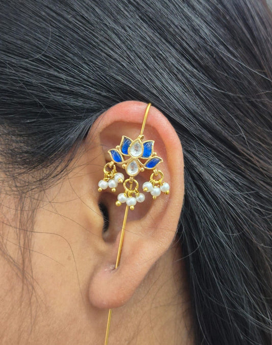 Lotus designer earcuff in pachi kundan in Blue  for women