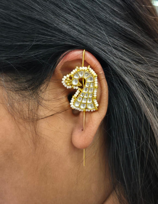 Peacock designer earcuff in pachi kundan in White for women