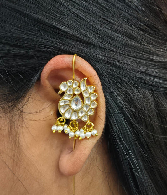 Peacock designer earcuff in pachi kundan in White for women